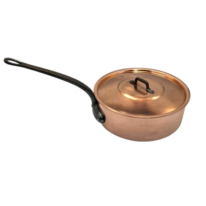 Vintage French Copper Frying Pan, Deep Saute Pan with Lid, Tin Lined 1.5mm 