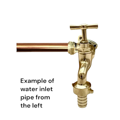 A brass water inlet pipe fitting with a cross handle and hose connection, shown against a white background with black text reading 'Example of water inlet pipe from the left'.