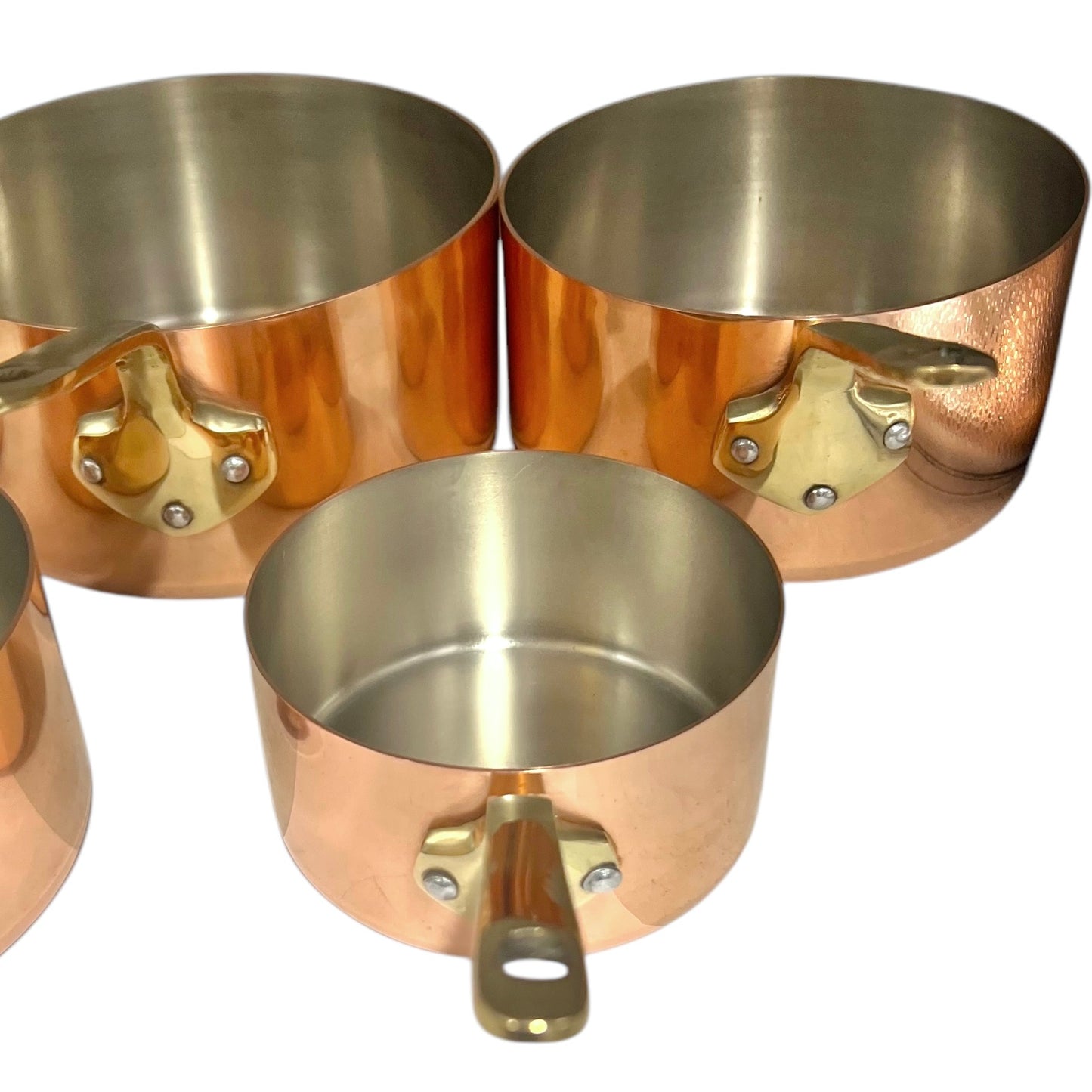 Set of 5 French copper saucepans with brass handles by Harvard 