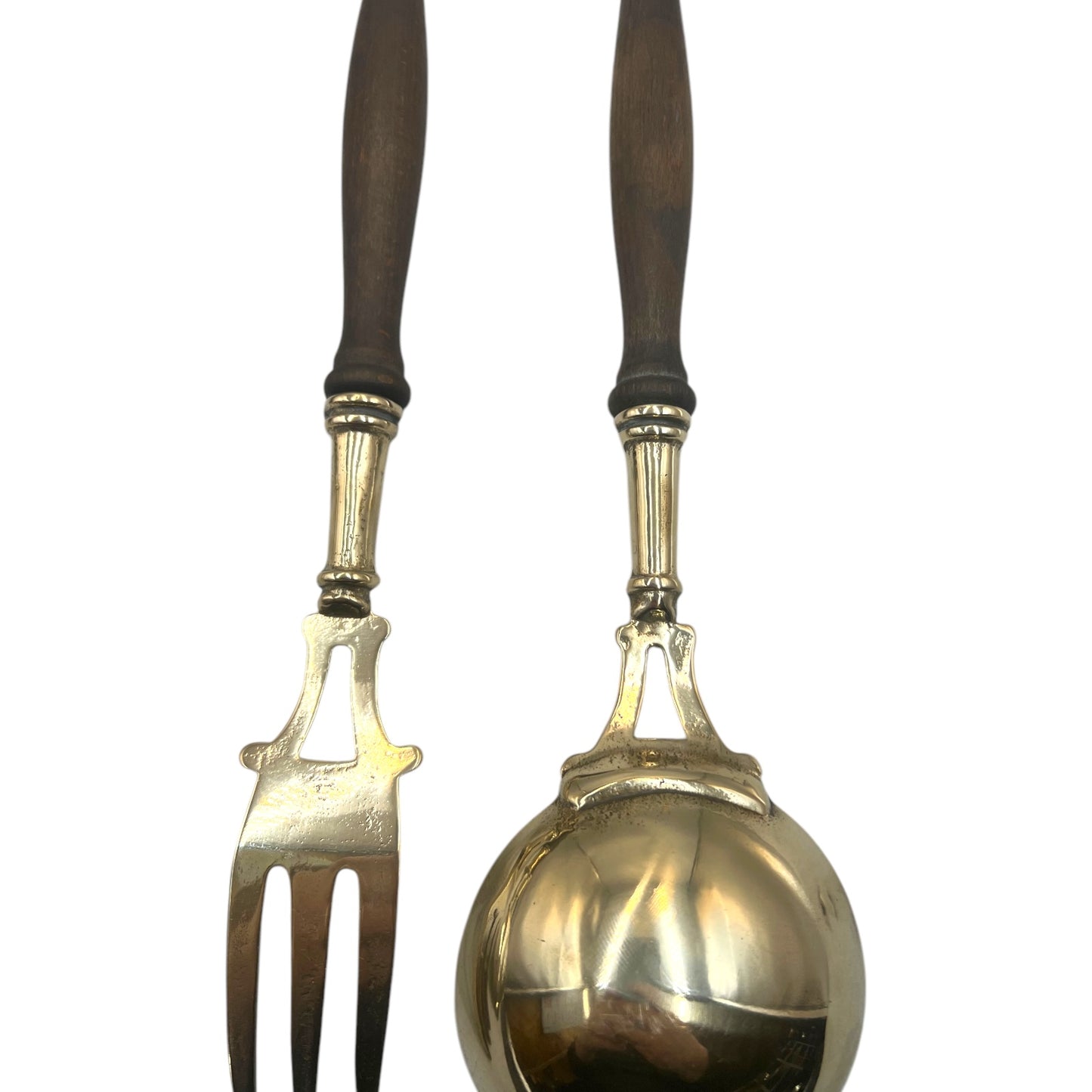 copper ladle and fork with wooden handles