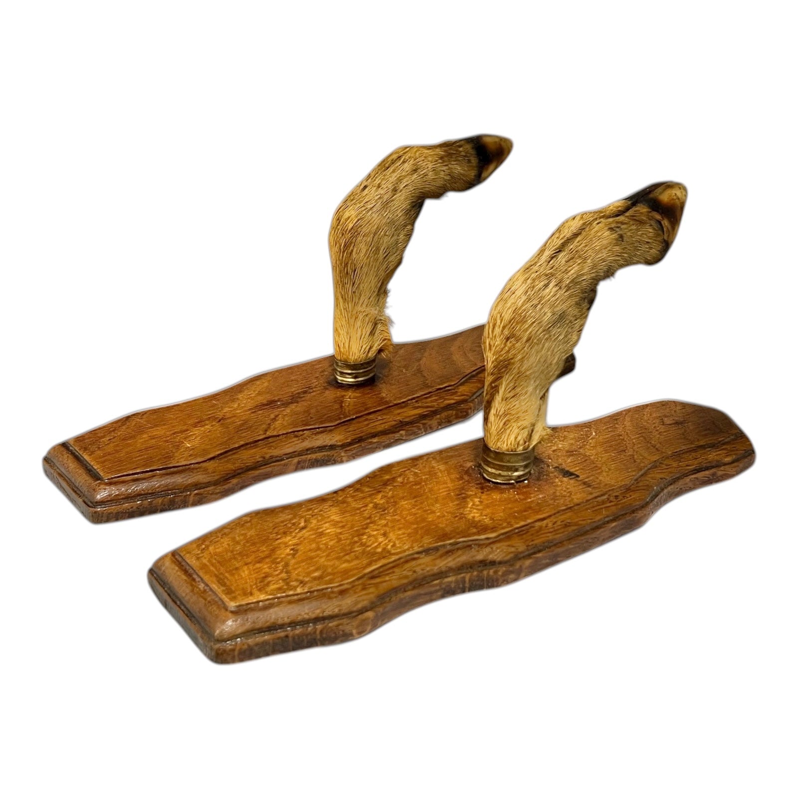 Pair of wooden door handles with natural wood finish on a white background