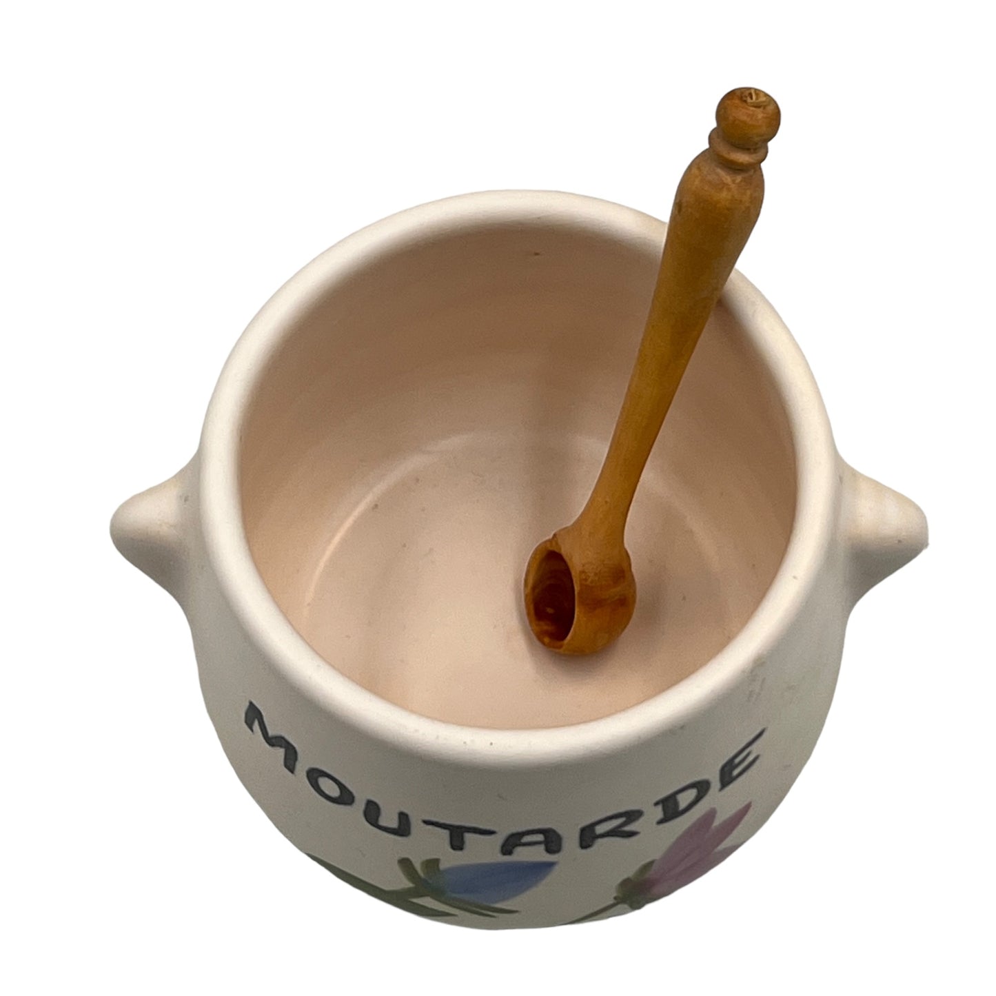 French vintage style mustard pot with wooden spoon