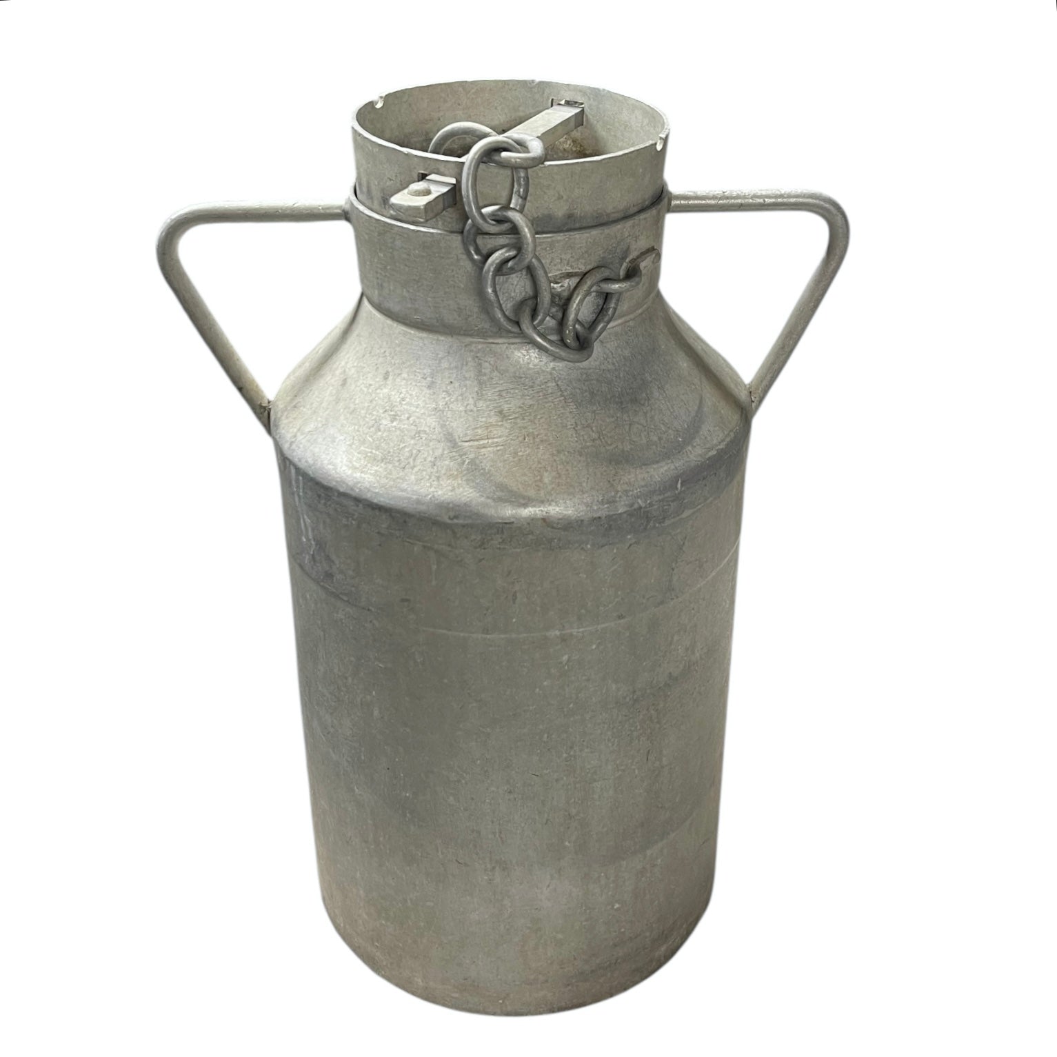 Metal milk churn with handles on a white background