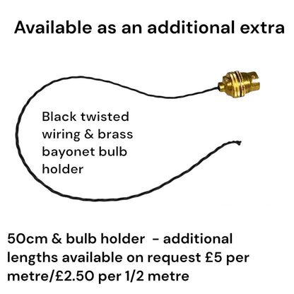 A product information graphic showing a black twisted wire bulb holder with a brass bayonet end on a white background, with text stating it is available as an additional extra and listing the material and length options.