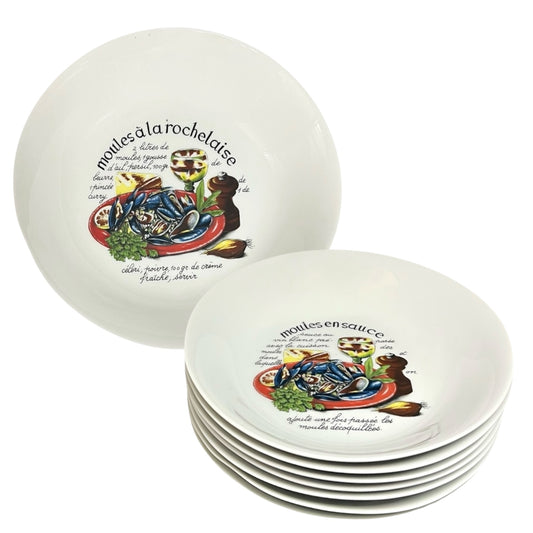 Vintage French Moules Serving Set of 8 Porcelain Mussels Bowls