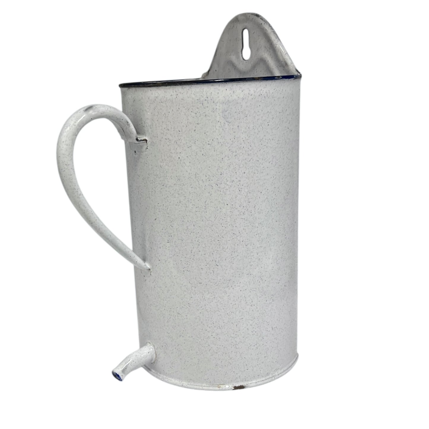 White speckled enamel jug or planter with a spout on a white background for sale by All Things French Store