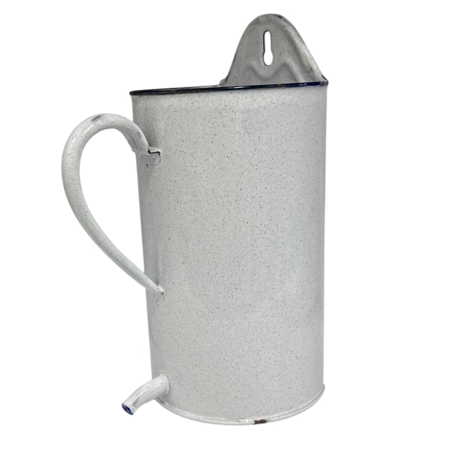 White speckled enamel jug or planter with a spout on a white background for sale by All Things French Store