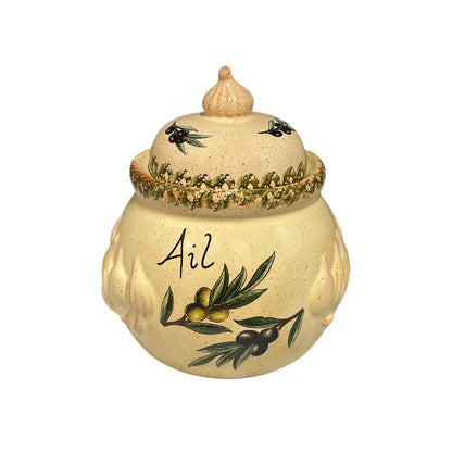 Decorative ceramic jar with olive design and 'Ail' inscription on a white background