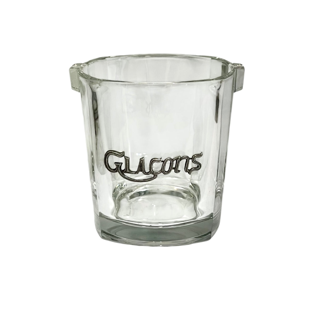 A clear glass ice bucket featuring the word Glacons' in a metal decoration on the front, set against a plain white background.