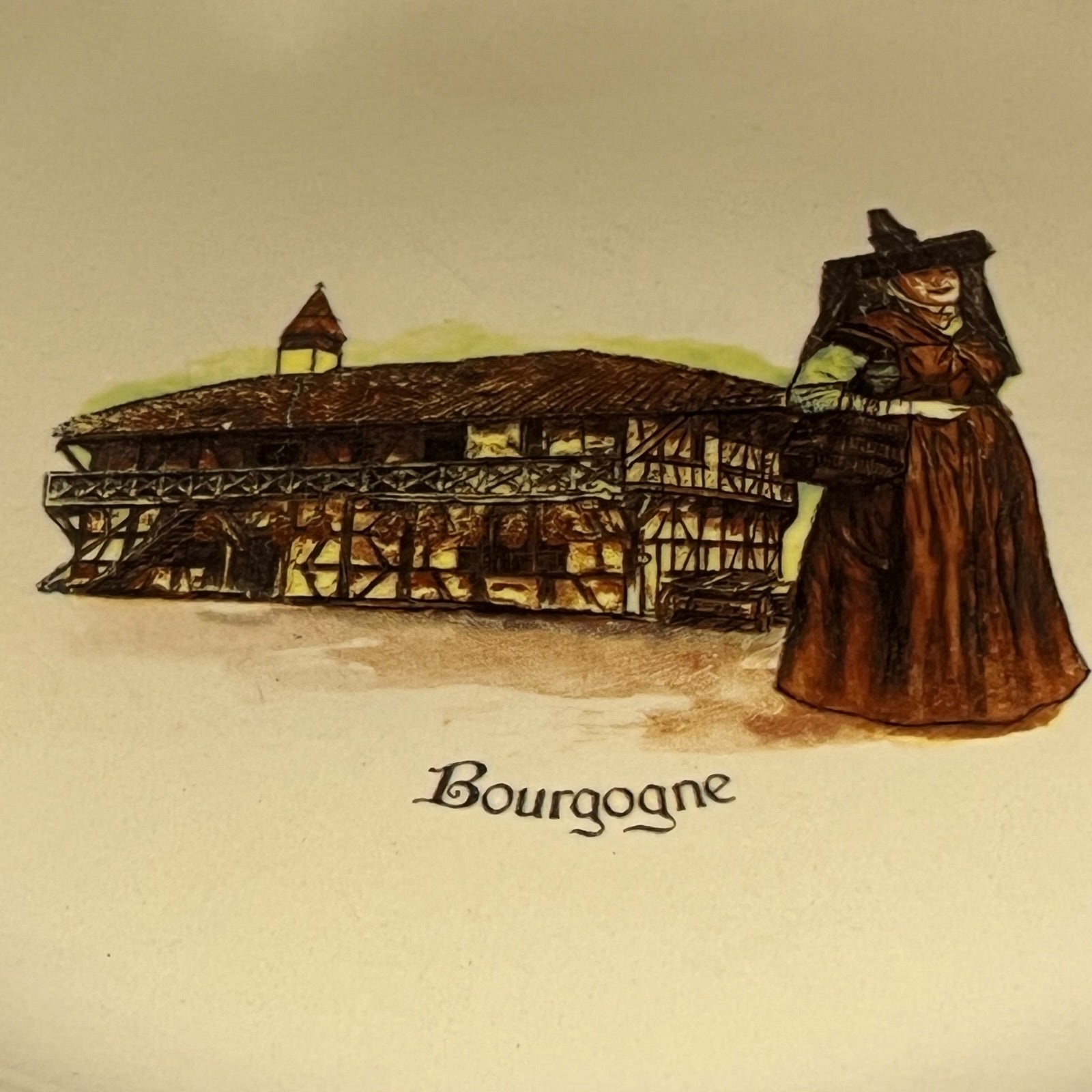 Illustration of a woman in a long dress standing next to a wooden structure with 'Bourgogne' text.