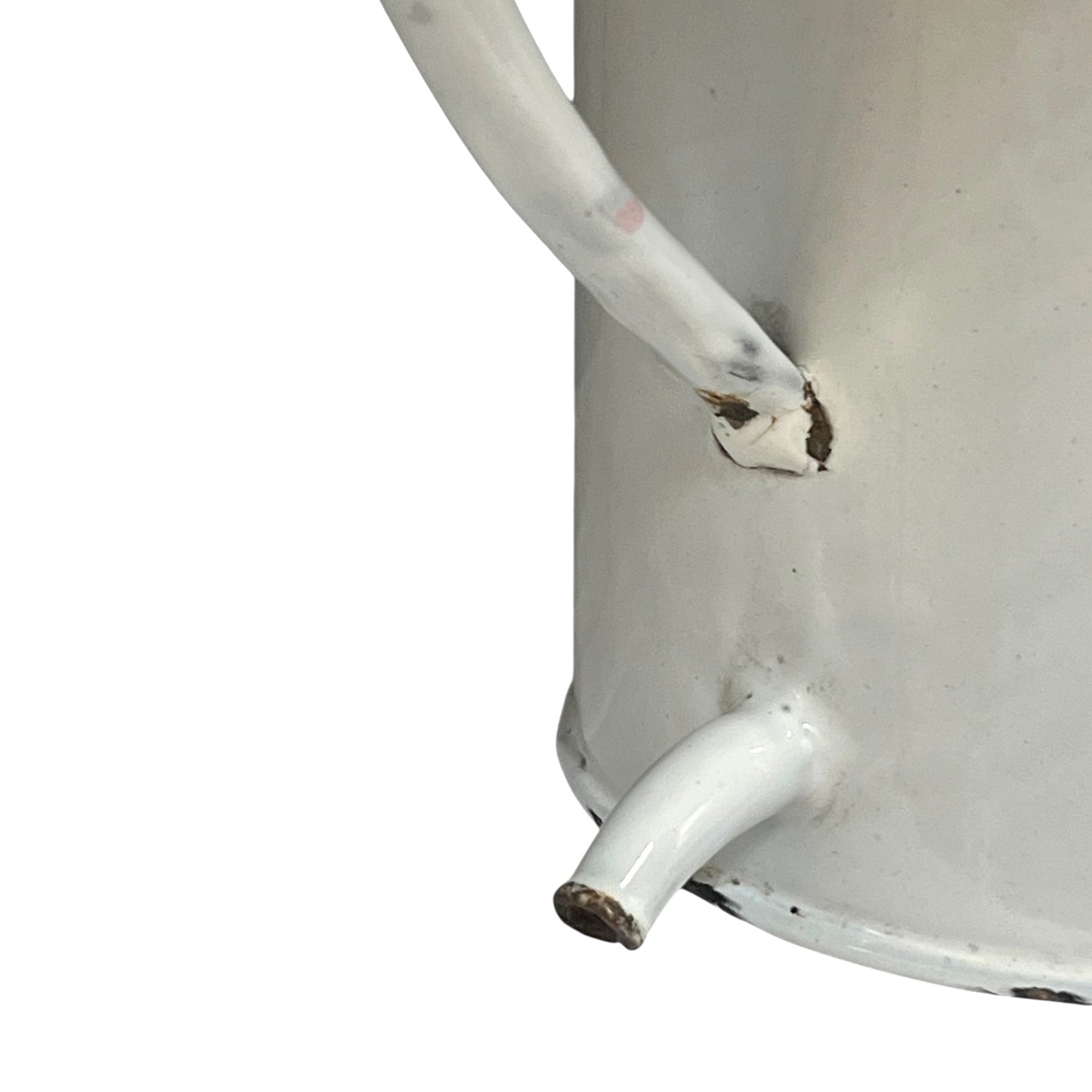 Close up of  French vintage enamel planter with a flat back and a spout on a white background