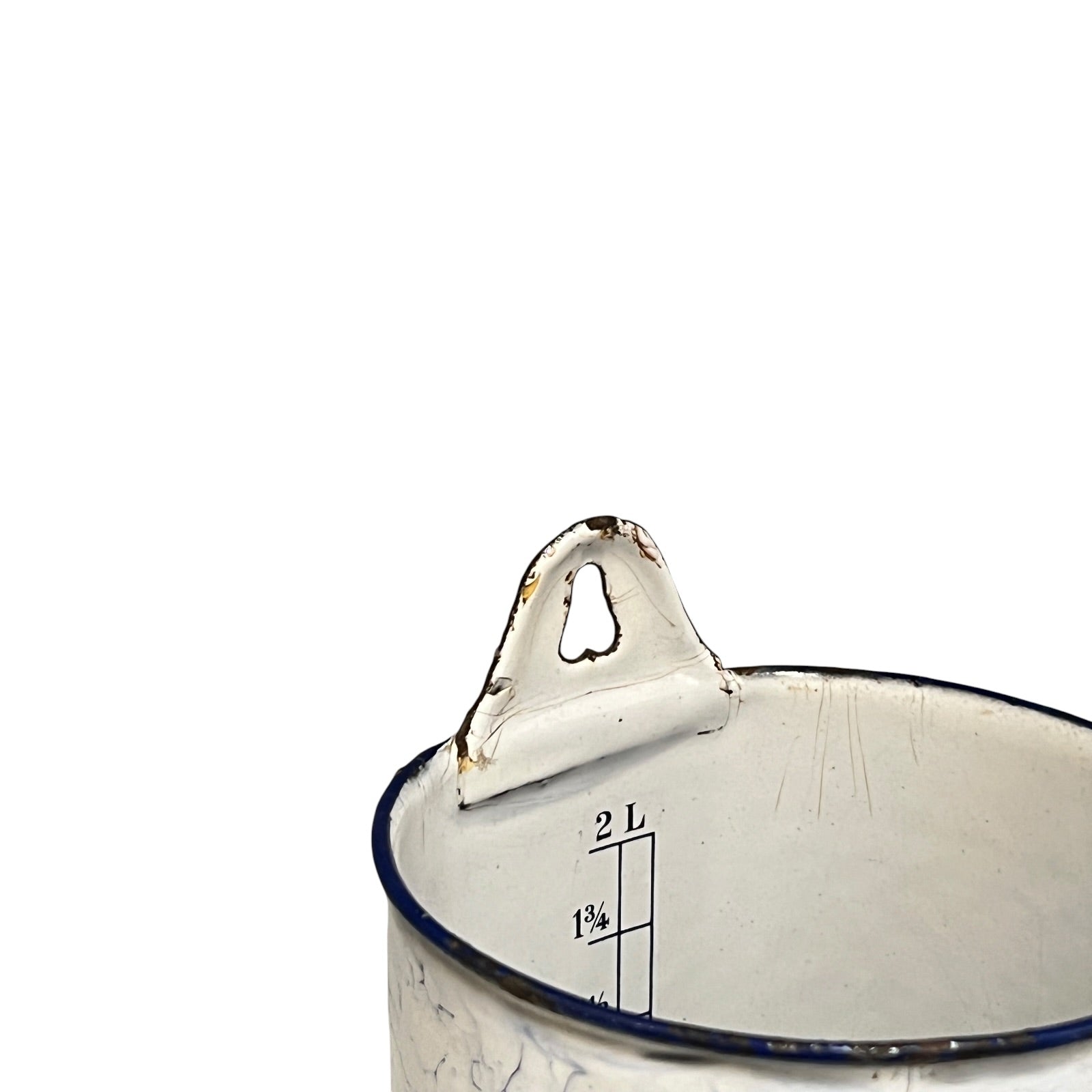 Close up of a French enamel vintage garden wall mounted planter or kitchen bathroom storage pot, on a white background 