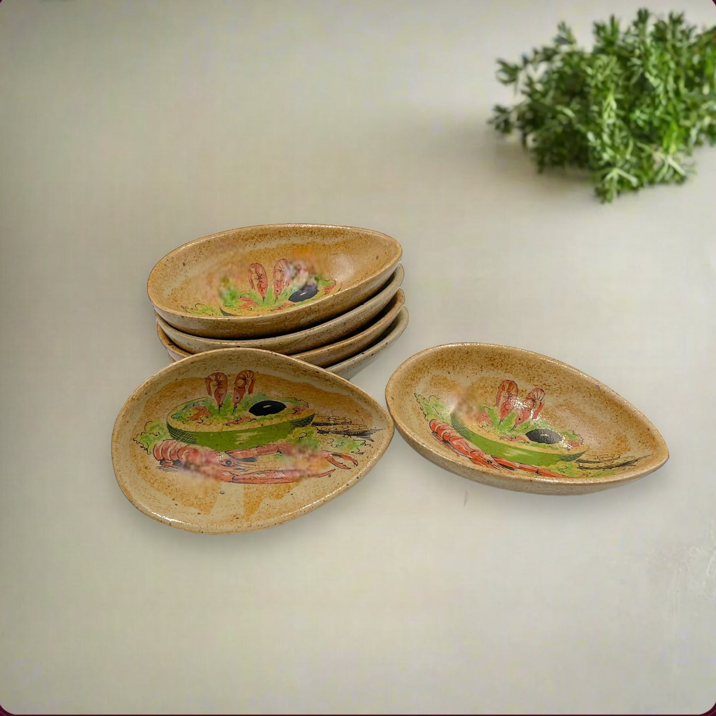 French avocado 6 piece dish set with a seafood decoration