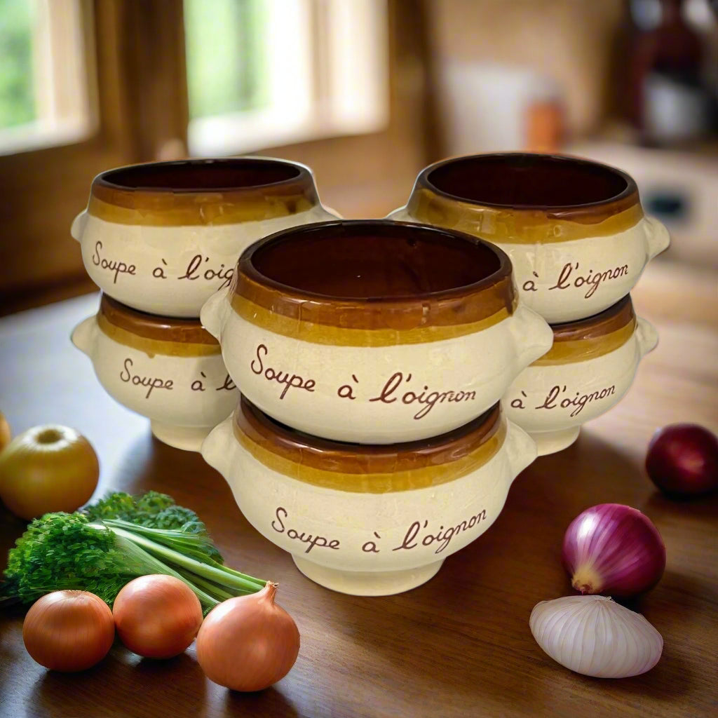 Set of 6 French vintage onion soup bowls in beige and brown glazed finish