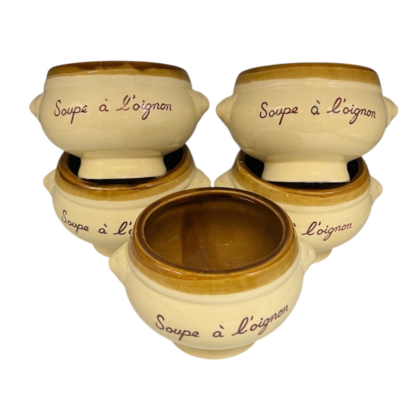 French Lions Head Soup Bowls, Set of 5 Traditional Onion Soup Bowls in a beige and brown colour stacked on each other