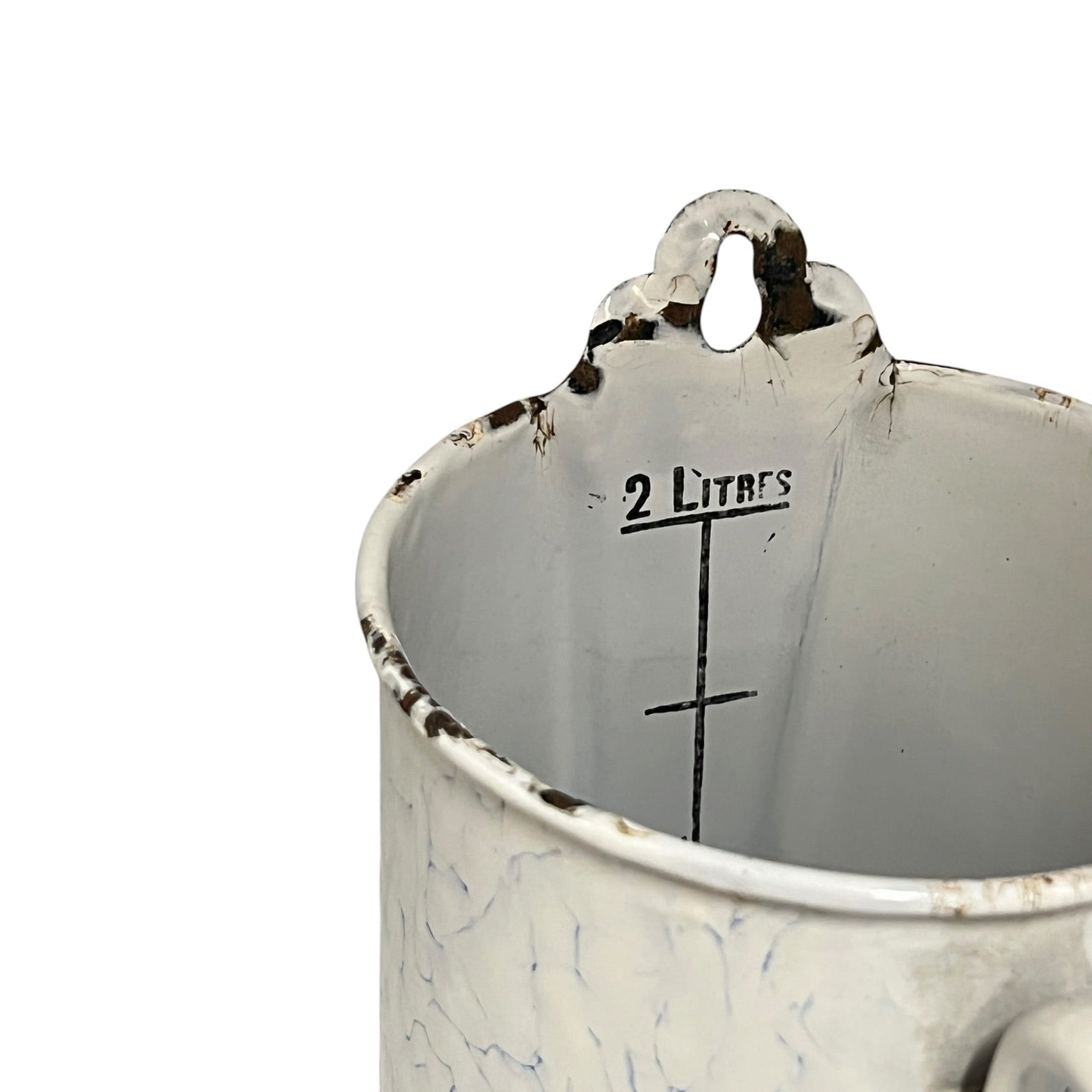 White and blue enamelled garden planter with marbled pattern on a white background