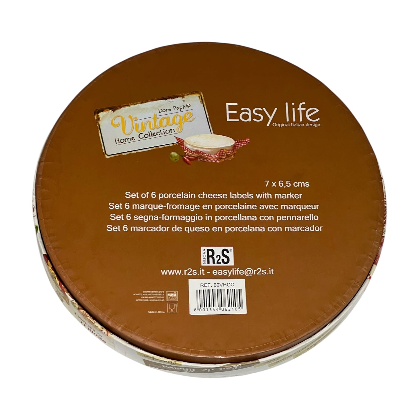 Round packaging of Easy Life cheese labels with branding and product details.