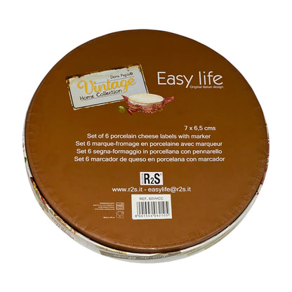Round packaging of Easy Life cheese labels with branding and product details.