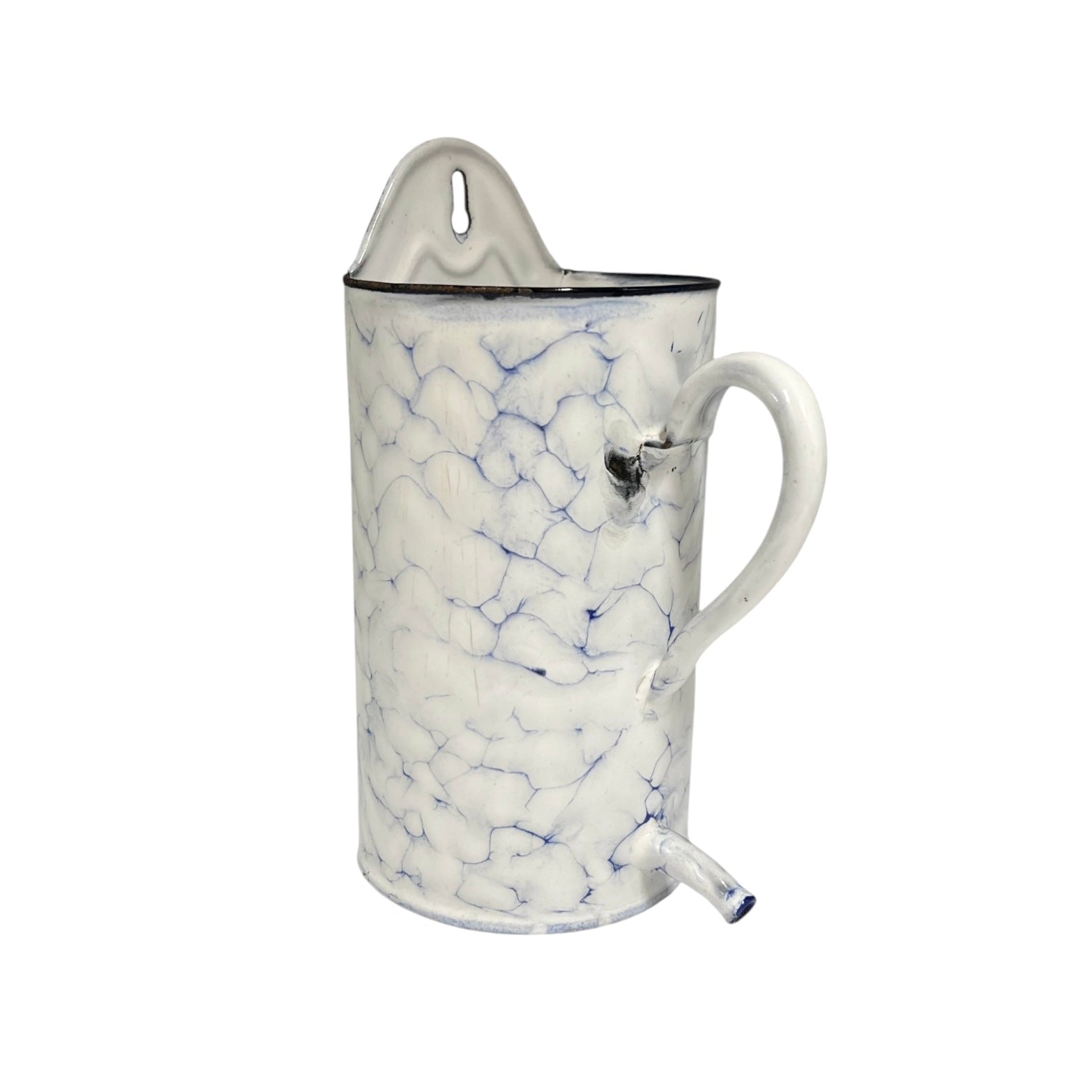A vintage-style enamel pitcher planter with a white body, blue crackle pattern, and a white handle, shown on a plain white background.