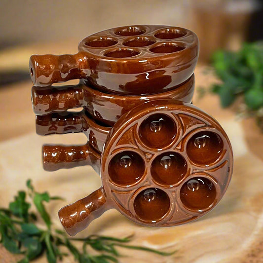 5 French Vintage Escargots Snail Plates, Stuffed Mushroom Dishes made by Emile Henry for sale from All Things French Store