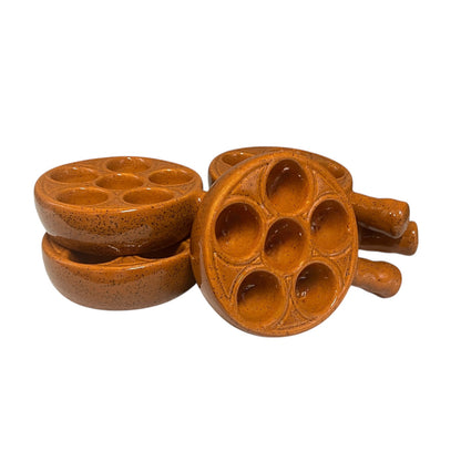 Set of 5 French ceramic escargot plates, perfect for serving escargot, quail eggs, or stuffed mushrooms, adding charm to a country kitchen, all displayed on a white background.