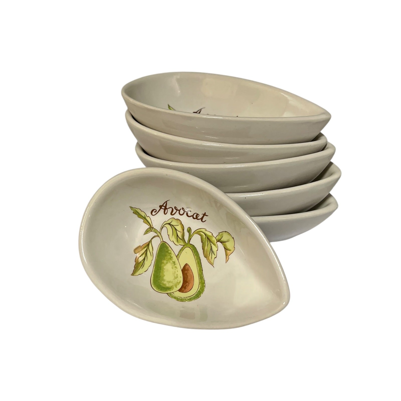 A stack of 6 oval ceramic bowls with one bowl in front, decorated with an avocado illustration and the word 'Avocat' on a white background.