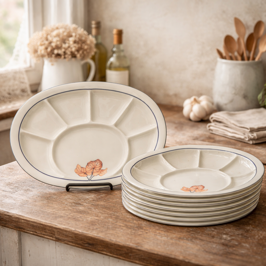 Set of ceramic plates with floral design on a wooden surface