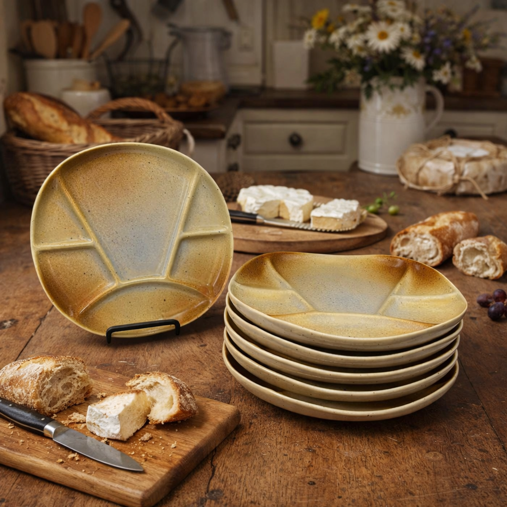 Set of ceramic plates on a wooden table with bread and cheese