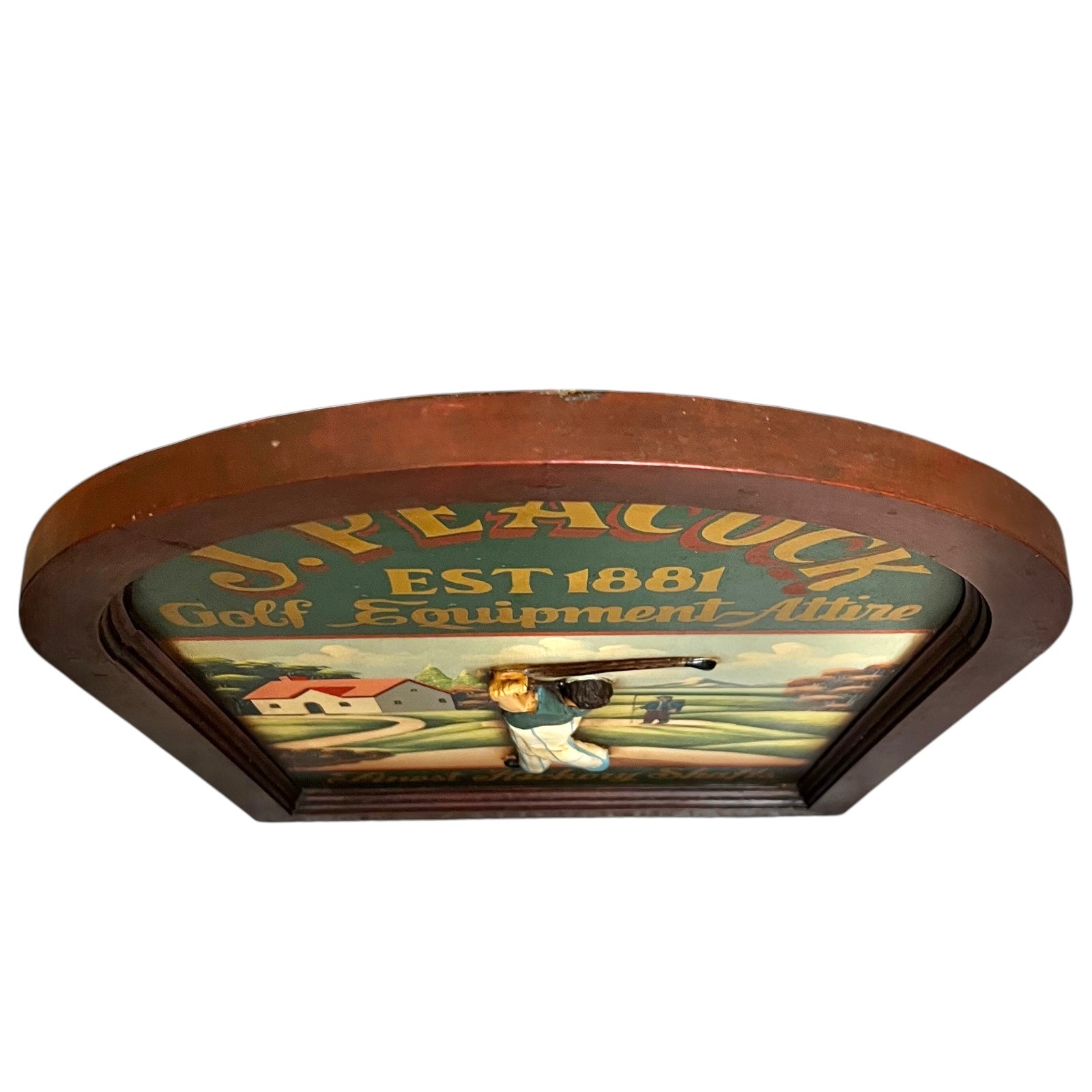 Decorative wooden picture with vintage golf scene on a white background