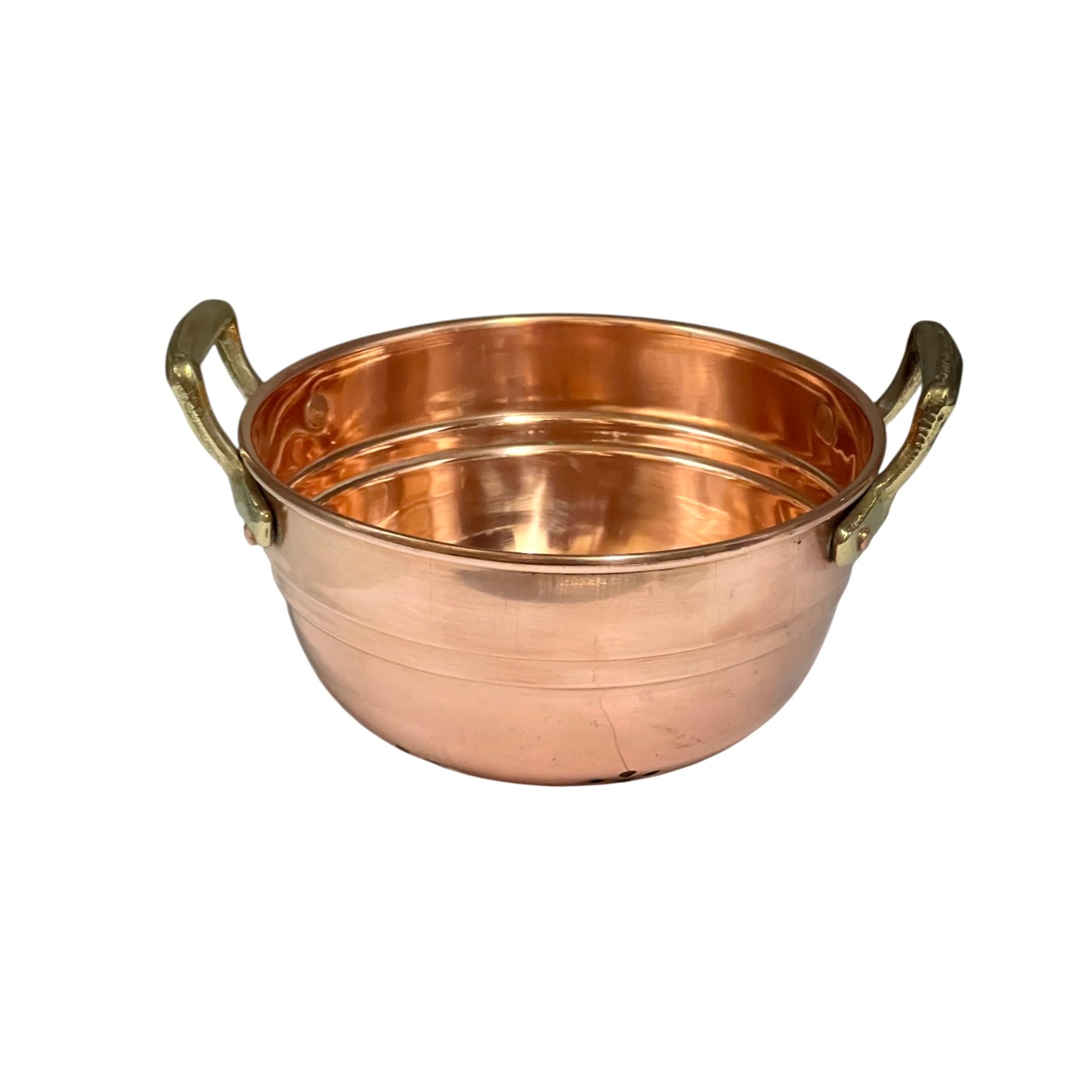 A copper pot with two curved handles, photographed on a plain white background.