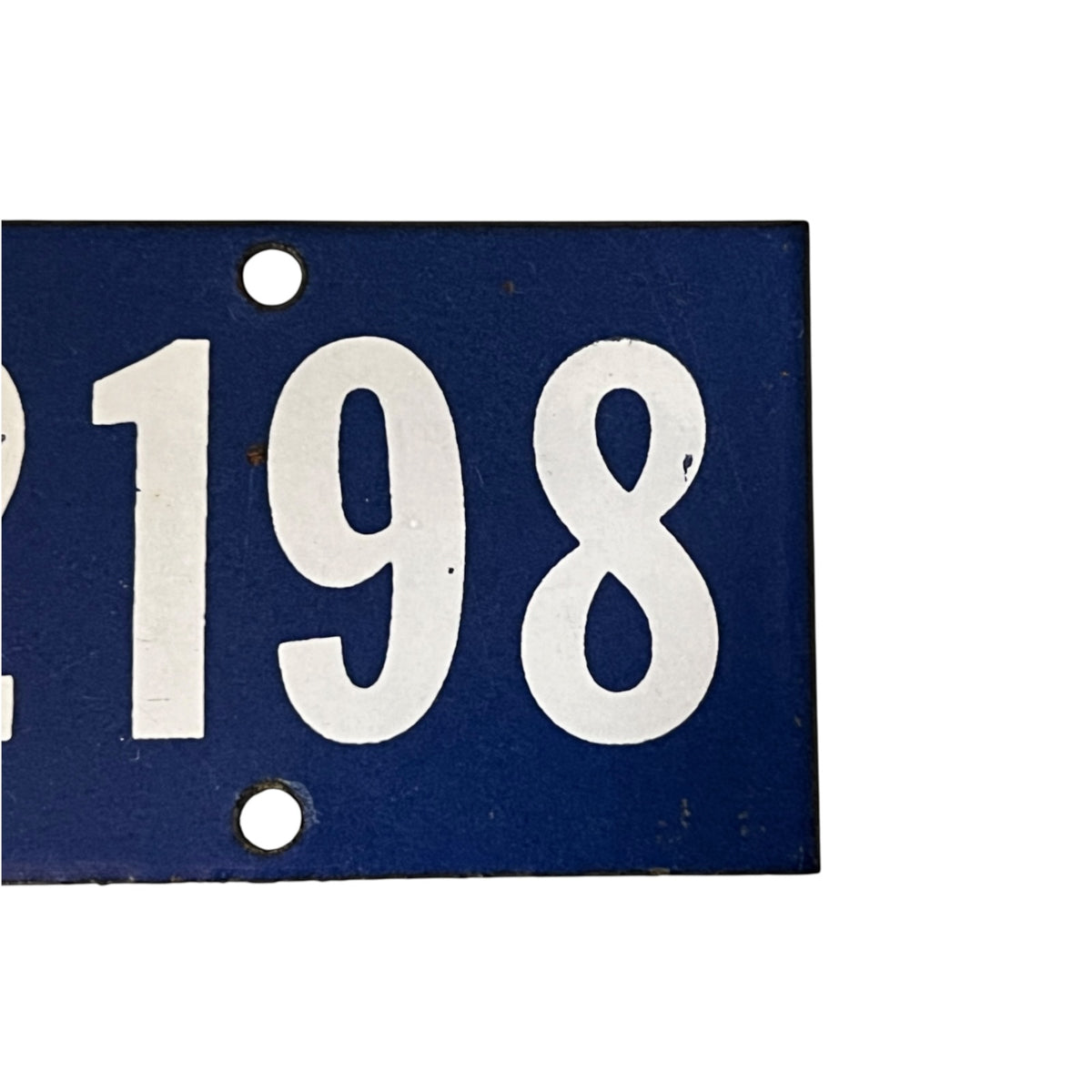 A rectangular blue house number plaque with white numerals '198' and two mounting holes, shown on a plain white background.