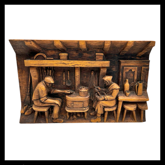 Vintage French Bas Relief Wood Carved Signed Wall Plaque, Cottage Fireside Scene for sale from All Things French Store