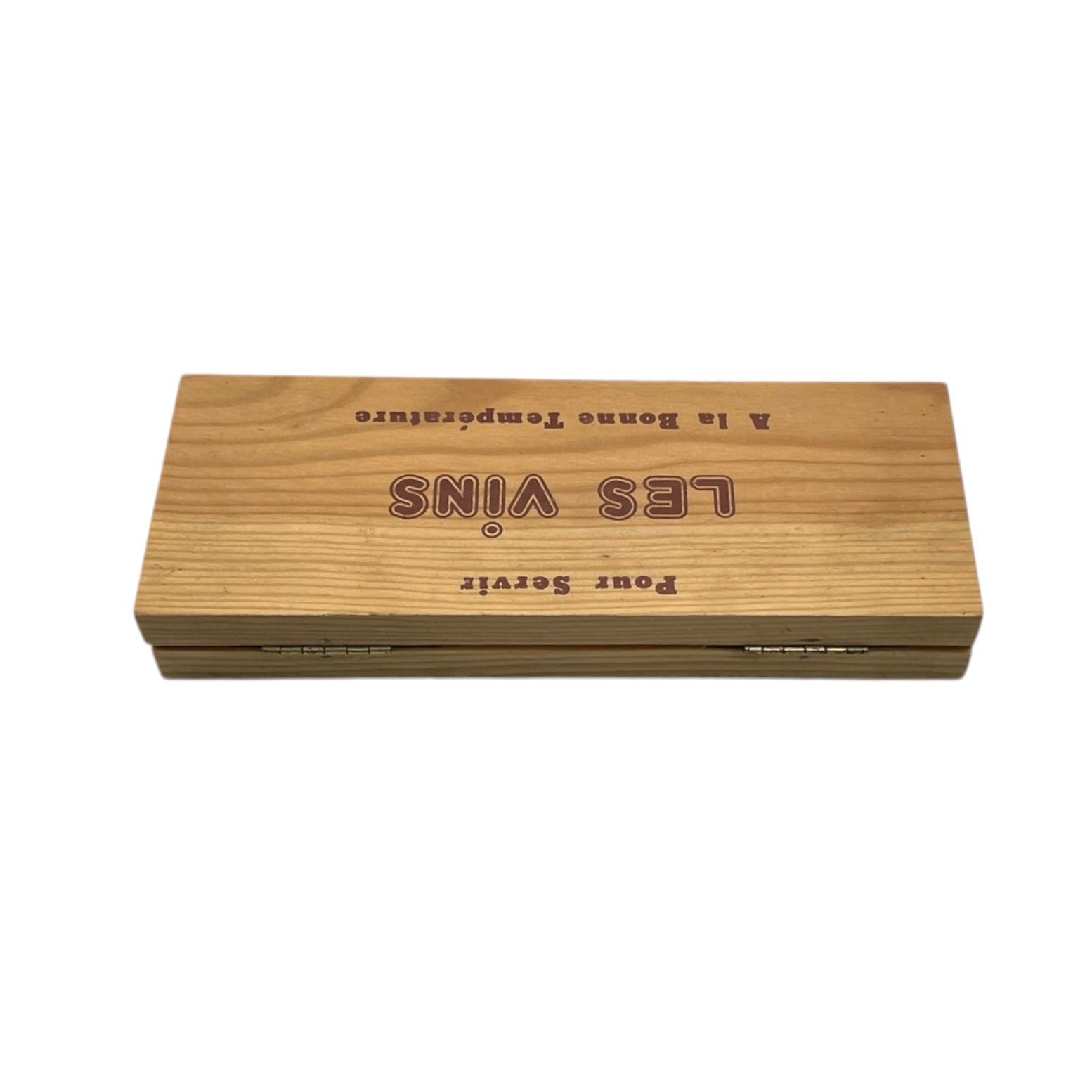 Wooden wine box with 'LES VINS' branding on a white background