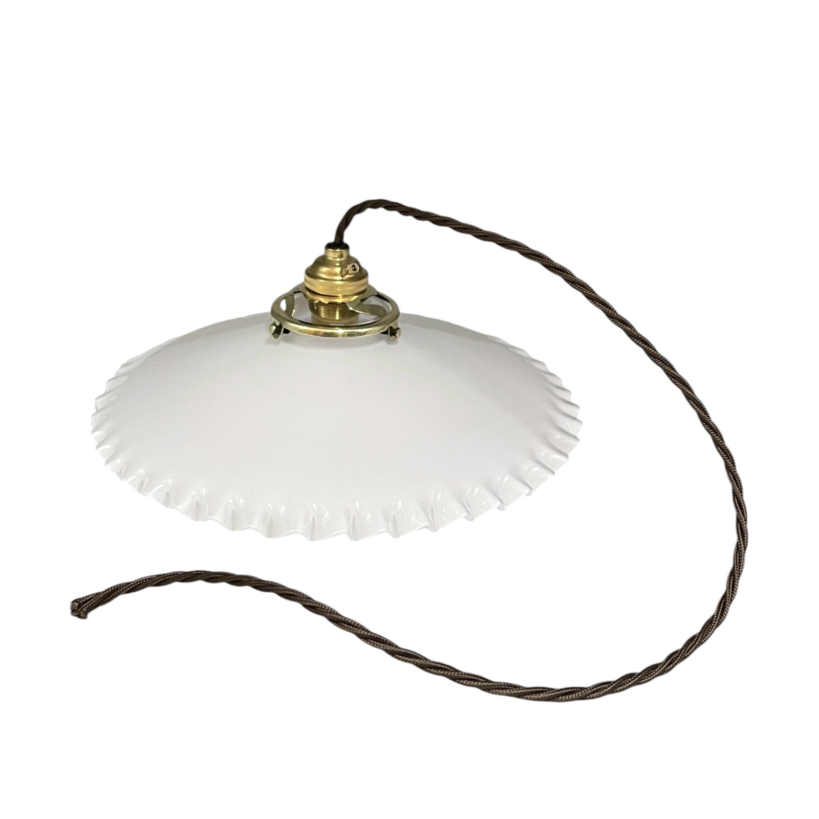 A vintage-style pendant light fixture with a white ribbed glass shade, a brass-colored metal top cap, and a dark brown braided cord, shown against a plain white background.
