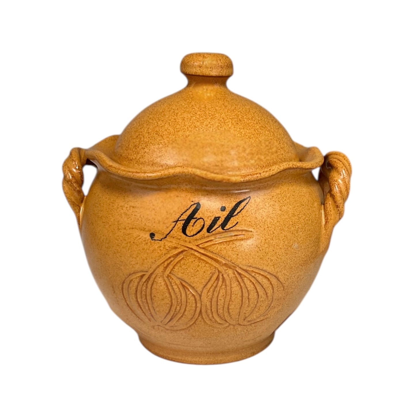 Brown ceramic jar with lid and handles on a white background