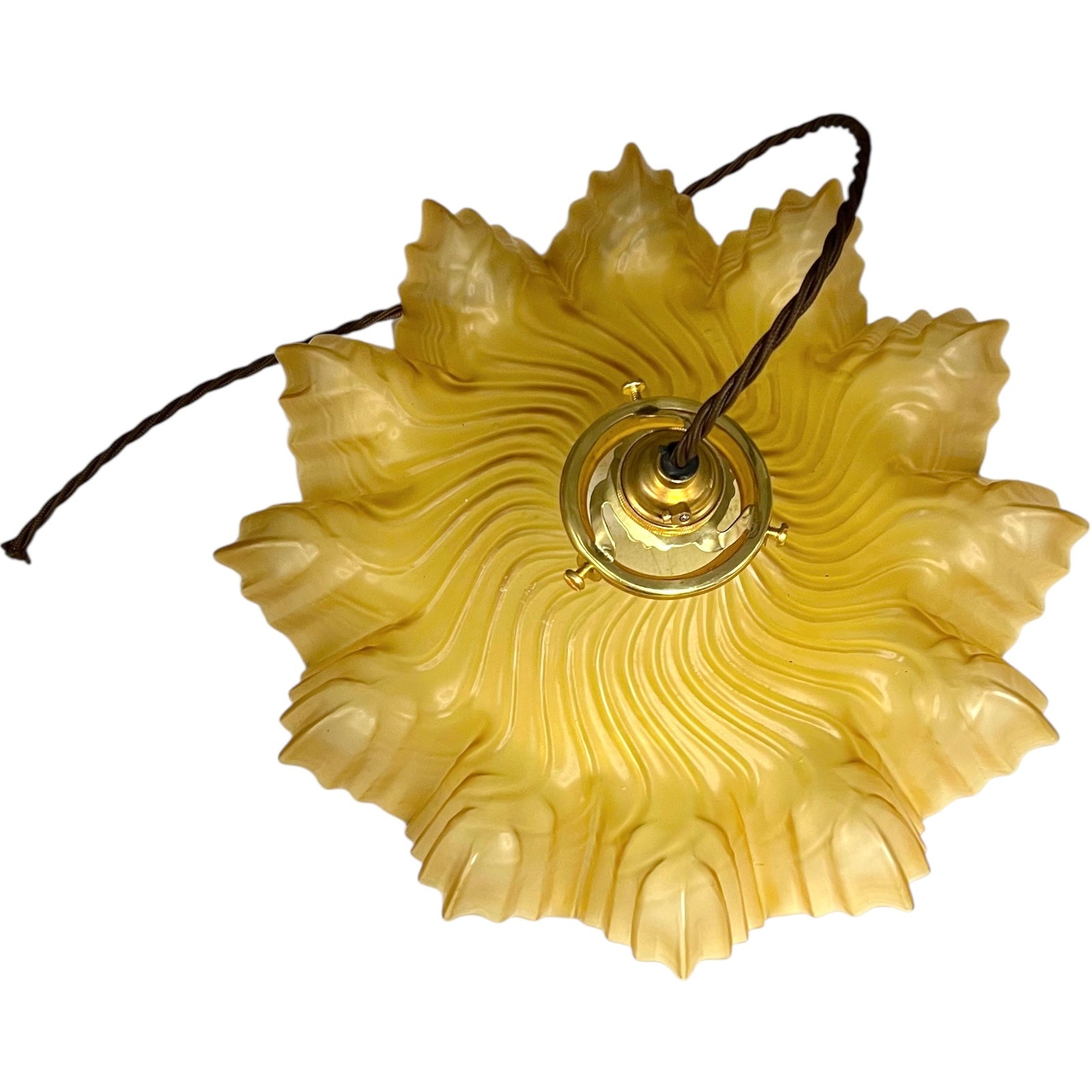 Amber coloured vintage French  pendant light with a scalloped design on a white background