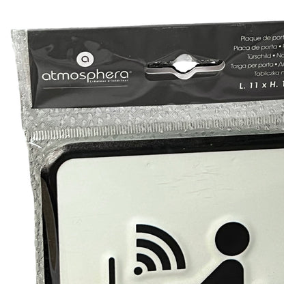 Plaque de porte with icons and 'atmosphera' branding on packaging