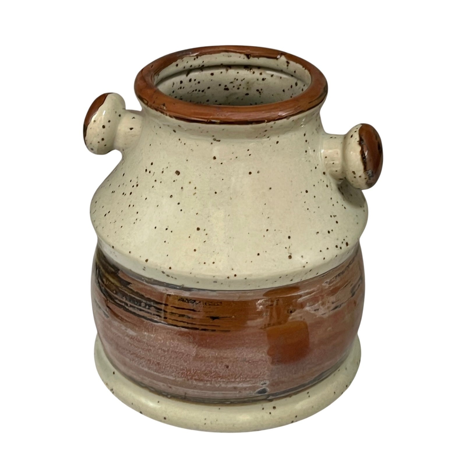 Ceramic vase with brown and beige speckled design on a white background
