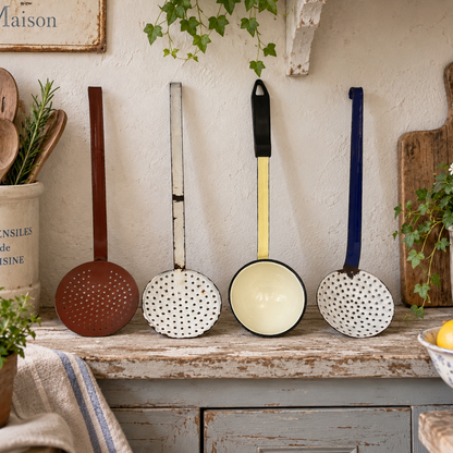 Vintage French Enamel Kitchen Utensils – Set of 4 Ladles & Strainers