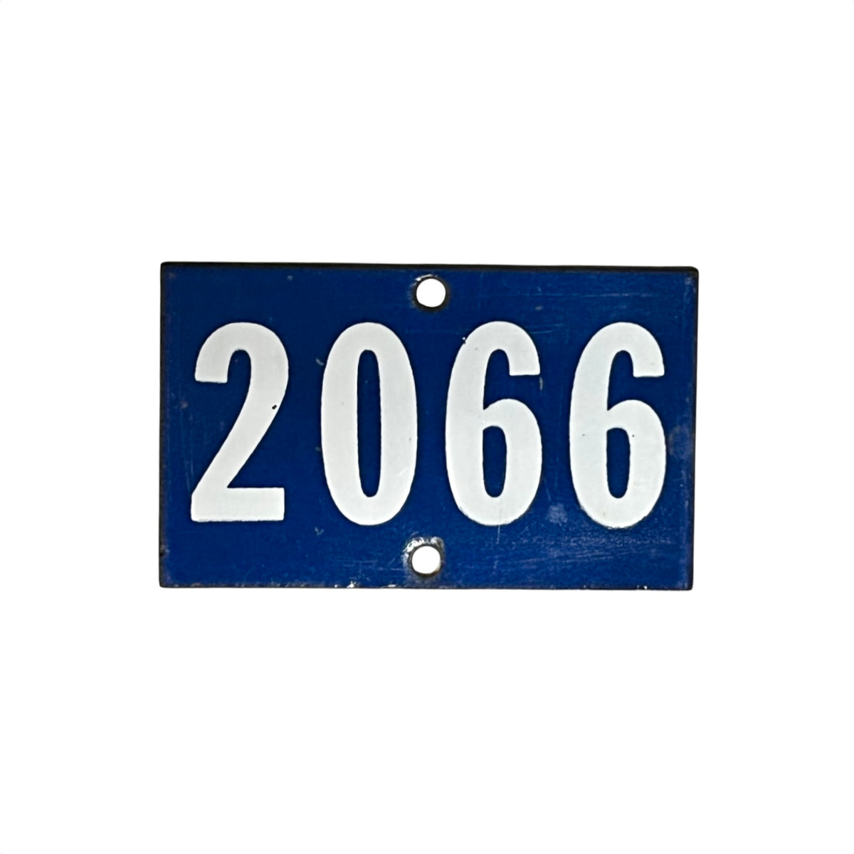 A rectangular blue house number plaque with white enamel numbers '2066' and two mounting holes, shown on a plain white background.