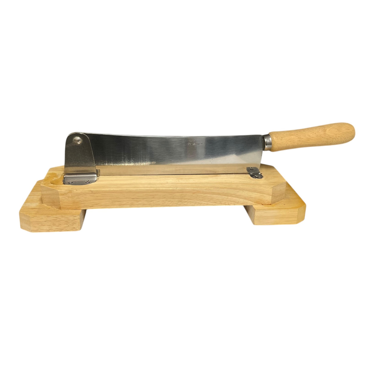 A cleaver-style bread cutter knife with a polished steel blade and a light wooden handle, mounted on a matching wooden stand against a plain white background.
