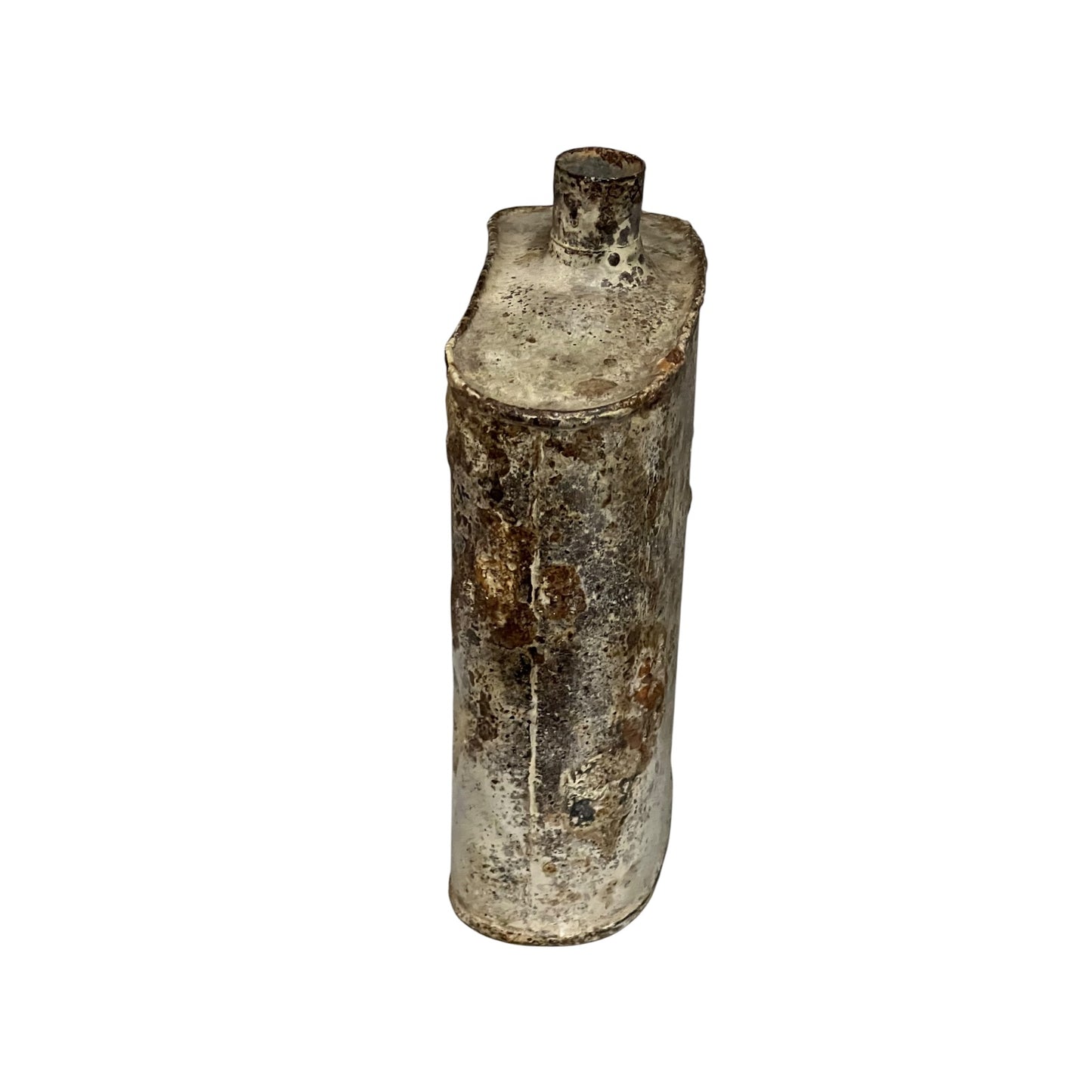 close up of a rusty water bottle on a white background 