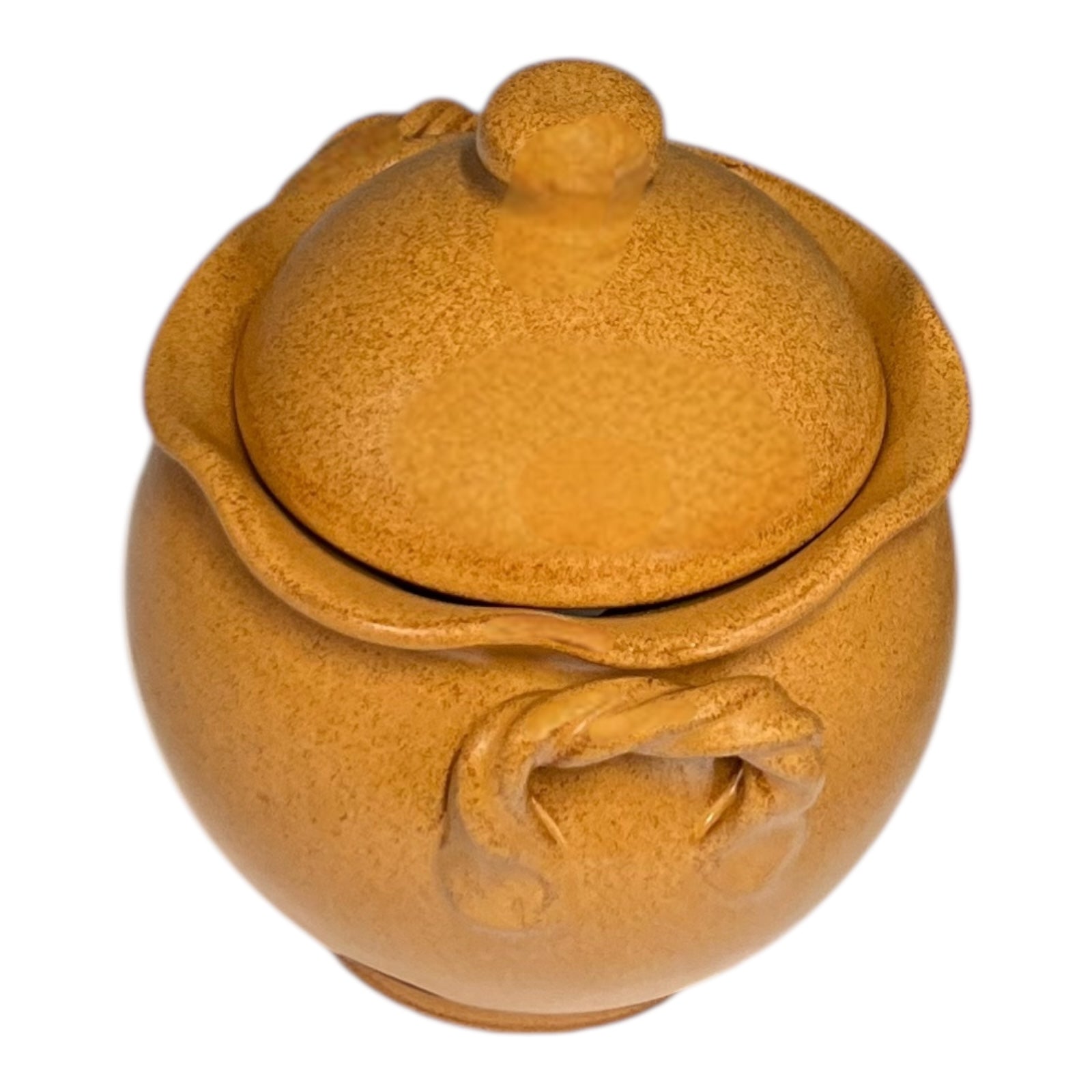 ceramic jar with lid and handle on a white background