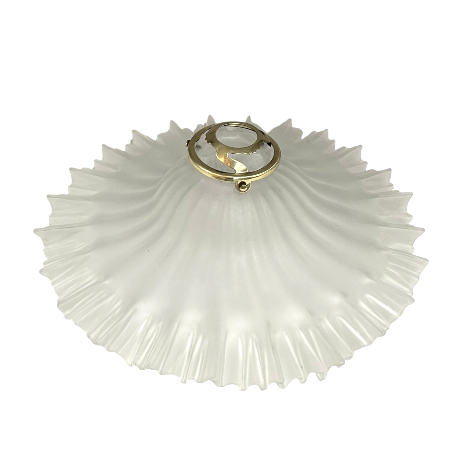Decorative French vintage frosted glass lamp shade with a ribbed design and gold fixture on a white background