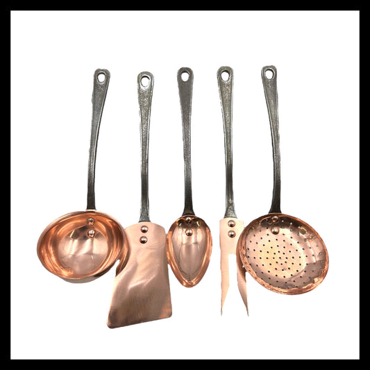 Set of 5 French vintage copper cooking utensils with cast iron handles for sale by All Things French Store