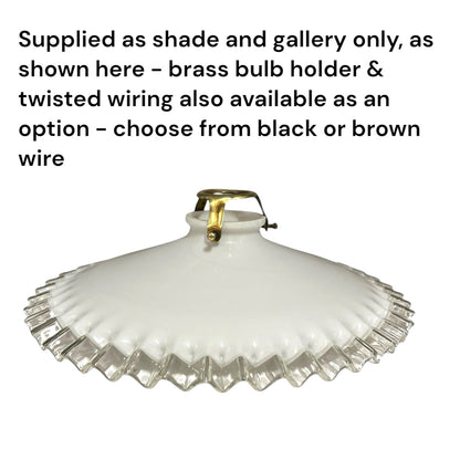 A white ribbed glass shade with a flared ruffled edge and a brass bulb holder, shown on a white background with black text explaining available wiring options.