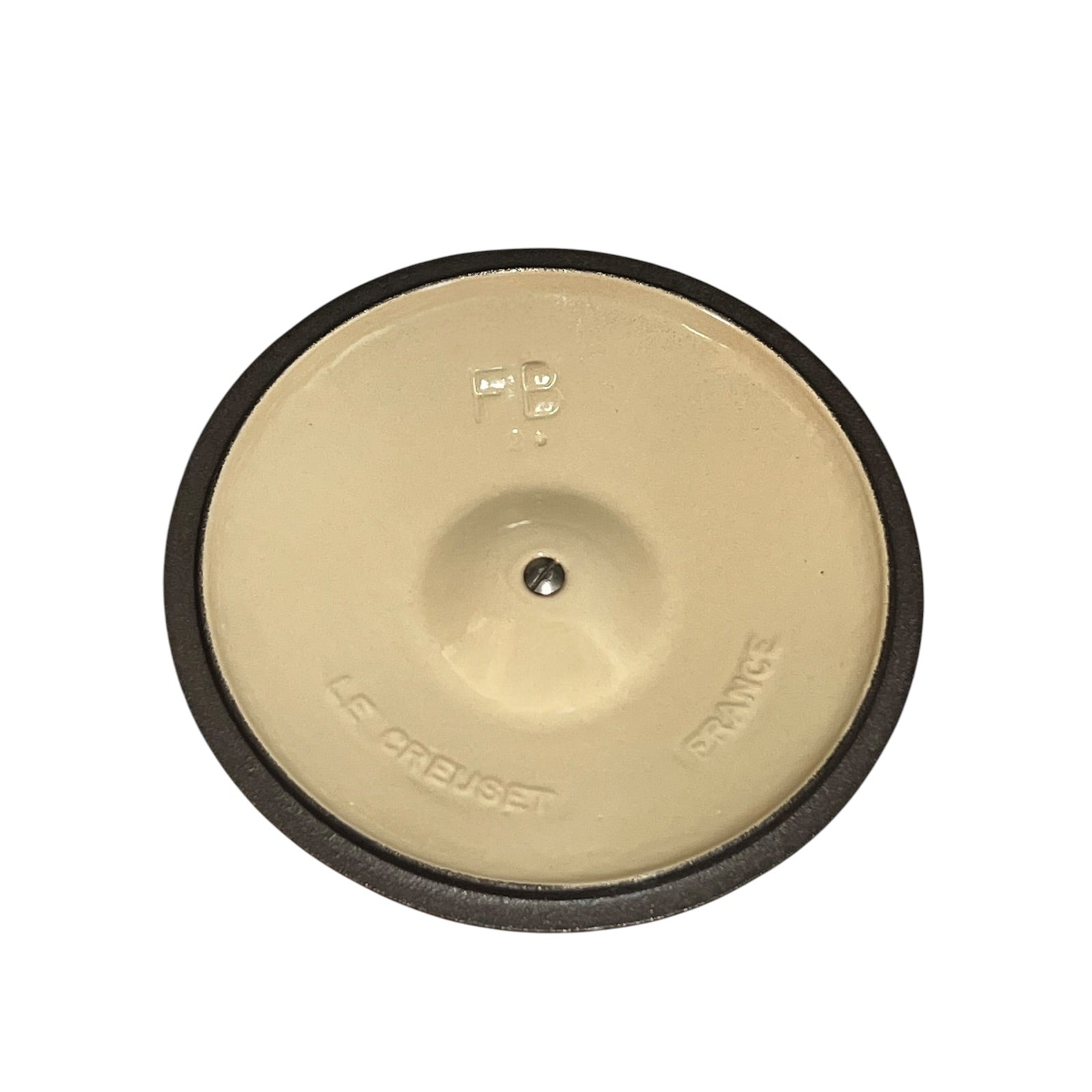 Close up of a rust coloured cast iron saucepan with lid on a white background