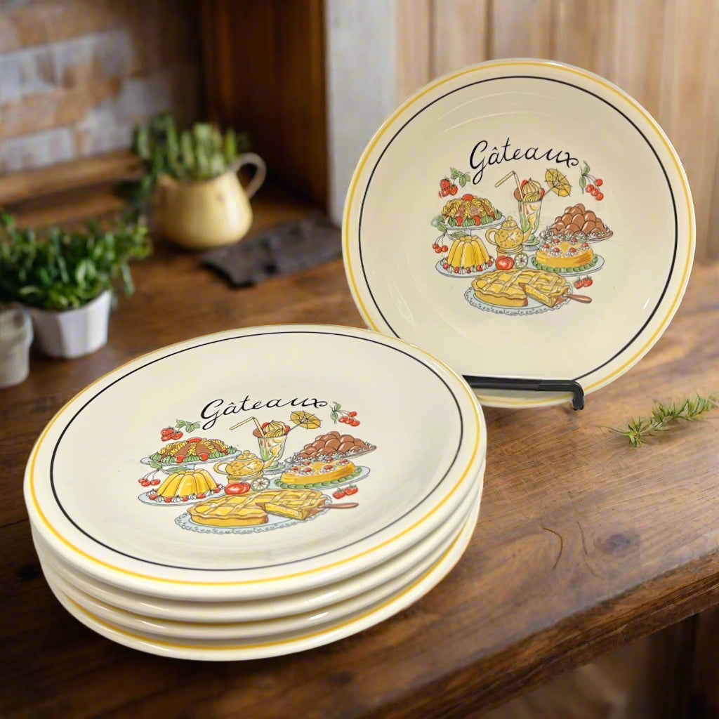 French gateaux plates on a wooden counter in a rustic kitchen