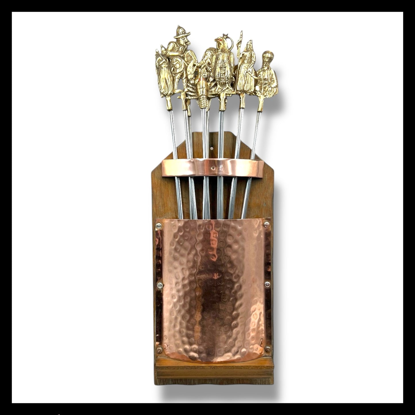 Vintage Brass Turkish Shish Kebab Skewers in a Copper Holder, Kobab Set 