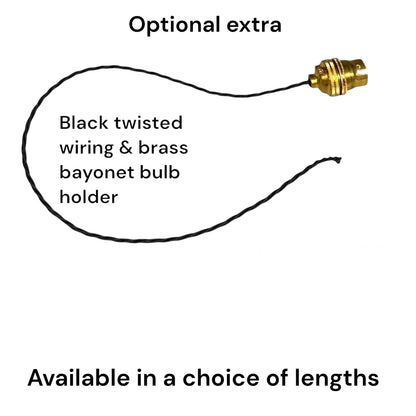 An informational product graphic showing a black twisted wire bulb holder with a brass bayonet connector on a white background, with text reading 'Optional extra' and 'Black twisted wiring & brass bayonet bulb holder' plus 'Available in a choice of lengths'.